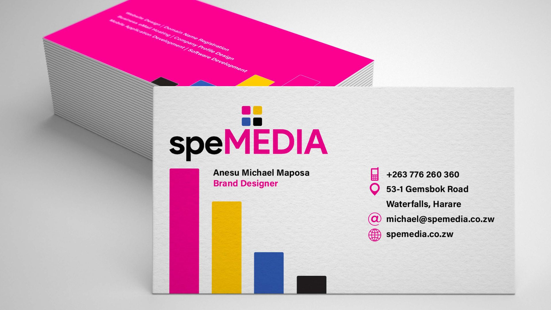 a picture showing stacked speMEDIA designed business cards