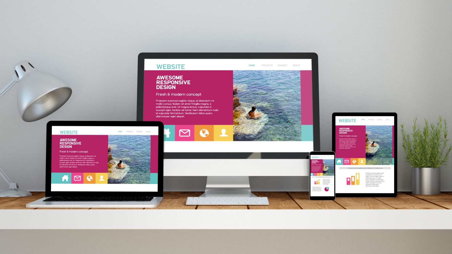 Picture showinf a responsive website to phone, laptop and Desktop
